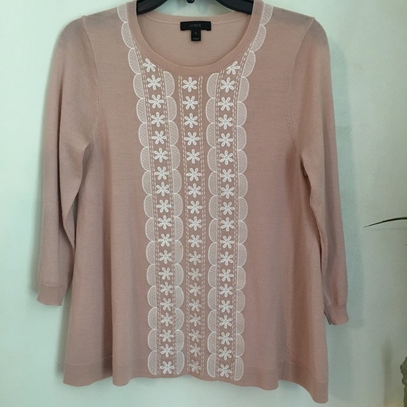 J. Crew Merino Wool pink floral embroidery white floral - Picture 7 of 10
